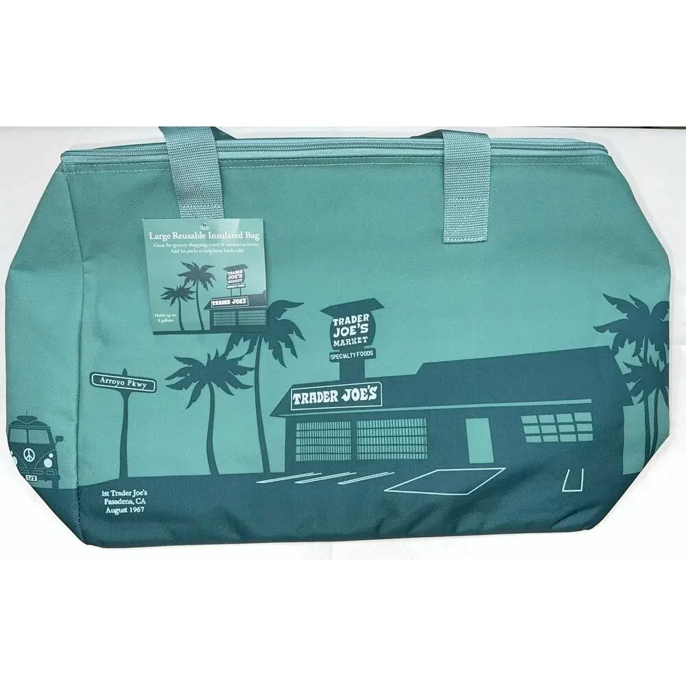Trader Joe's Sage Green Insulated Tote Cooler Bag Reusable Grocery Shopping - Picture 6 of 11